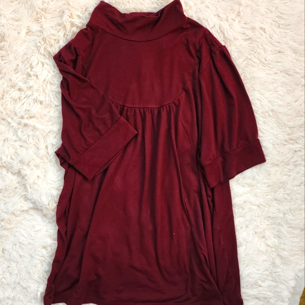 Sz 14 Burgundy Mock Neck Flowy Short Sleeve Blouse